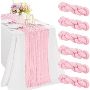 6 Pieces Pink 10FT Cheesecloth Table Runner Boho Gauze Fabric Table Runner Rustic Sheer Runner for Wedding Birthday Baby Shower Party Boho Table DecorationPink (35" x 120"-6 Pack)