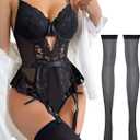 Lilosy Sexy Stocking Lace Mesh Bodysuit Top Underwire Garter Lingerie Set 3 Piece (Medium, Black)