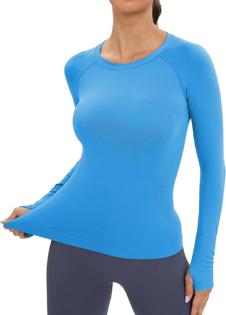 MathCat Workout Seamless Shirts for Women Long-Sleeved Yoga Running Breathable Thumb Holes Tops (Blue, XS)