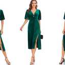 Aigeman Women's Sexy V Neck Backless Velvet Maxi Dress Lantern Puff Sleeves Side Slit Velvet Cocktail Party Dress, Size: Small, Green