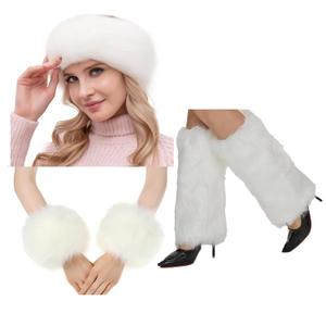 5 Pieces Faux Fur Headband Arm Cuffs Leg Warmers Ear Furry Warmers for Cold Weather Furry Costumes (White)