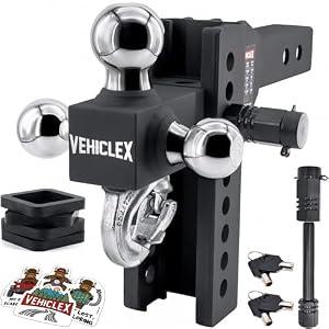 Vehiclex 8" Adjustable Drop Hitch for 2" Receiver, Heavy Duty Tri-Ball & Tow Hook with Keyed-Alike Pin Locks for Mid-Size & Full-Size Trucks, Solid Steel Design