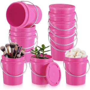 Hushee 6 Pcs Mini Plastic Buckets with Lids, 0.4 Quart Pink Buckets for Party Gift Packaging, Candy Holders Easter Halloween Christmas Candy Treat Snacks Holder Birthday Baby Shower Party Supplies