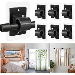 6PCS No Drill Curtain Rod Brackets,Self Adhesive Curtain Rod Holder No Drilling,Renter Friendly Drapery Rod Hook,Nail Free Adjustable Non Screw Draper Pole for Apartment Window Wall Door Ceiling Mount, Black