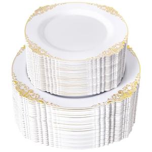Joyido 200PCS White and Gold Plastic Plates - Gold Disposable Plates - Gorgeous Wedding Plate 10inch Dinner & 7.25inch Dessert Plate for 100 Guests for Wedding & Party