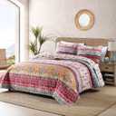 Boho Style King Quilt Set Reversible Bohemian Floral Strip Quilt Beddding Set, Soft and Lightweight Bedspread for All Season, Oversize King Bed Coverlet with 2 Matching Pillow Shams (3 Pieces)