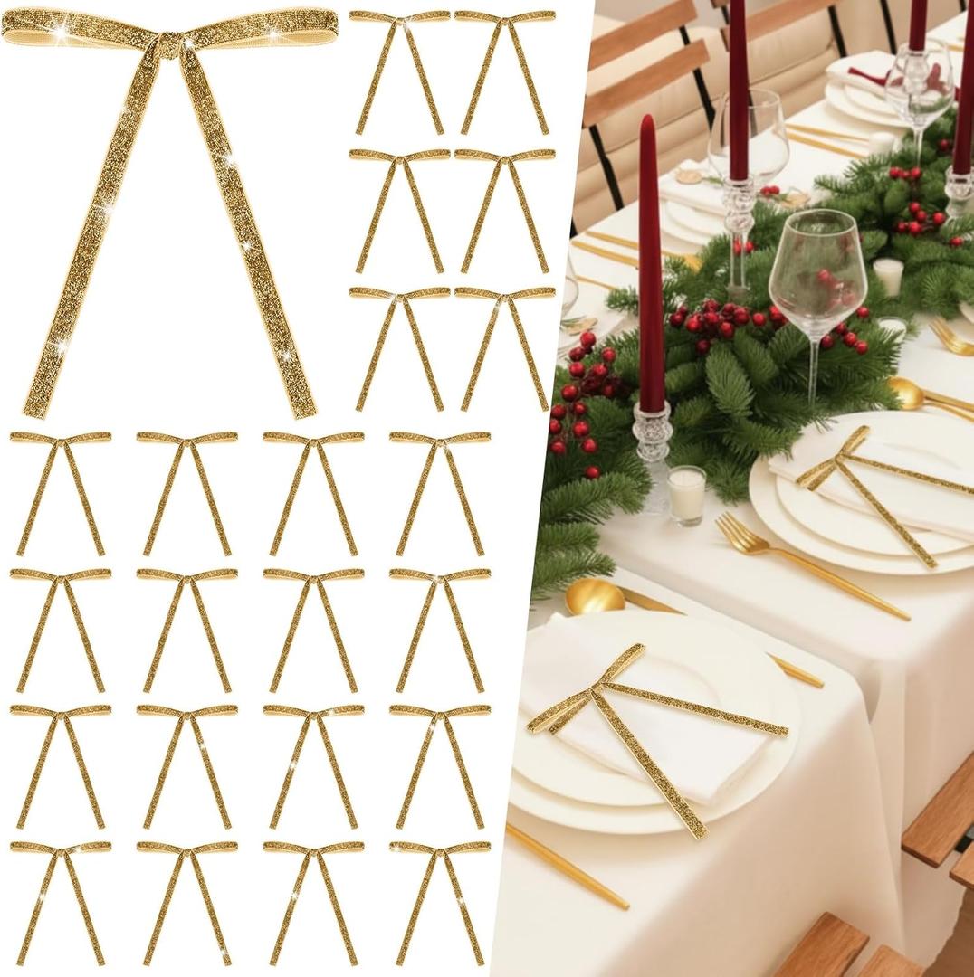 VioraWhite 24 Pcs Khaki Glitter Christmas Napkin Rings Vintage Velvet Bow Xmas Napkin Holders Rings Buckle for Christmas Serviette Holiday Party Anniversary Wedding Dining Table Decoration