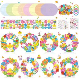 Hollowfly 48 Sets Easter Wreath Craft Kits DIY Wreath Hanging Ornaments Make Your Own Paper Craft with Stickers for Home Party Activities