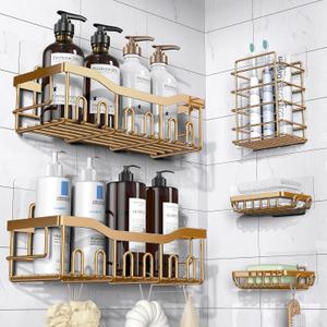 5-Pack Rustproof Stainless Steel Shower Caddy  No Drill Adhesive Bathroom Organizer with Large Capacity, Spacious Shower Shelves for Inside Shower, Kitchen & Home Decor Storage (5-piece set, Rose Gold)
