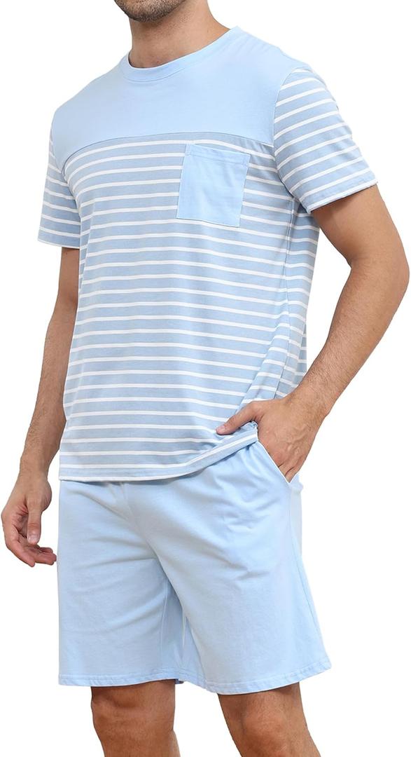 Men's Pajama Set Cotton Pajamas Striped Short Sleeve & Shorts Pjs Sets Sleepwear Summer Lounge Set with Pockets (X-Large, Light Blue)