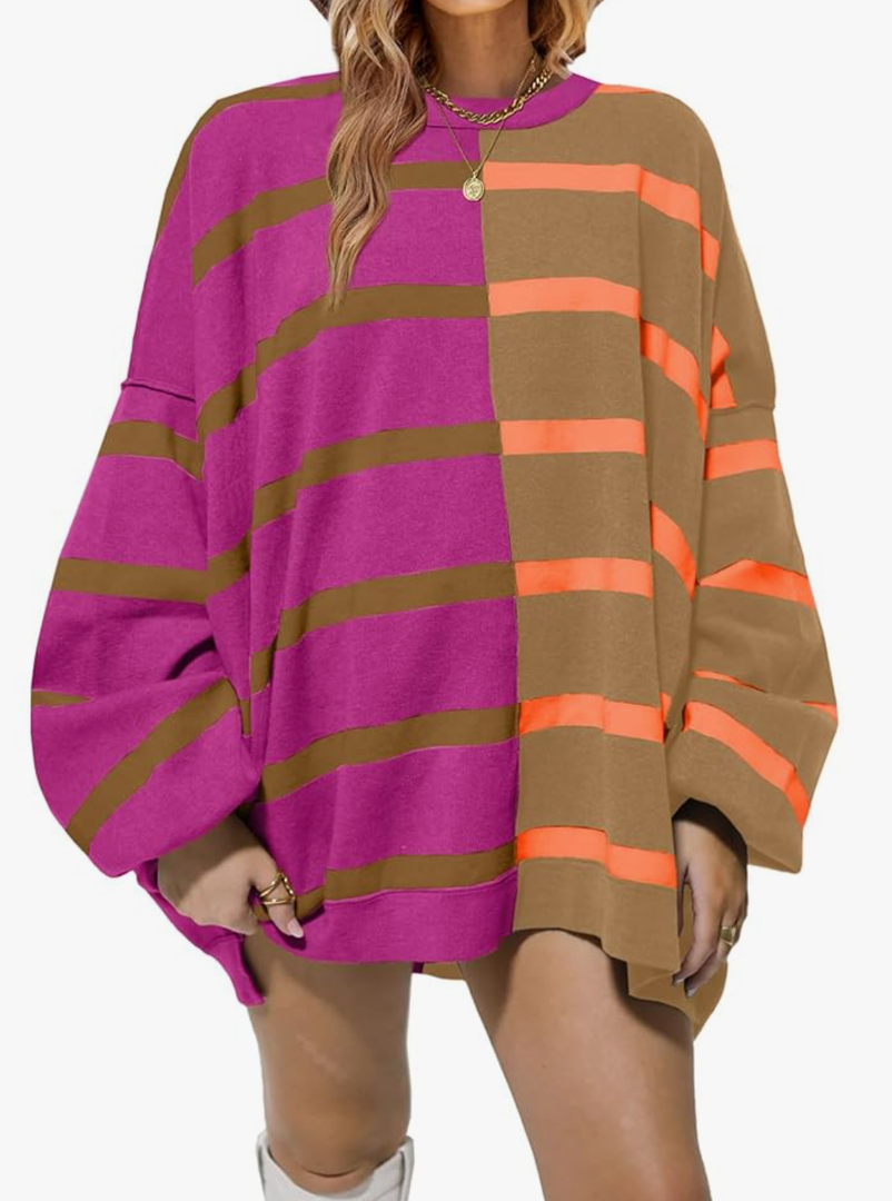 Fisoew Womens Striped Pullover Sweater Crew Neck Long Sleeve Knitted Color Block Casual Loose Lightweight Sweaters for Women XL