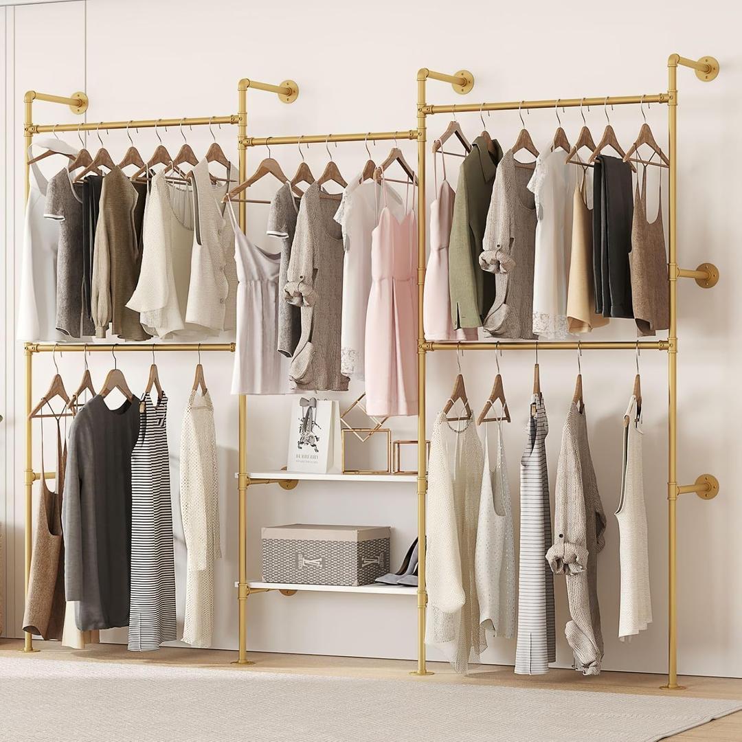 Industrial Pipe Clothing Rack Wall Mounted Closet Wardrobe Rack, Corner L Shaped Walk-in Closet System, 2 Installation Methods , 80" H x 86" W