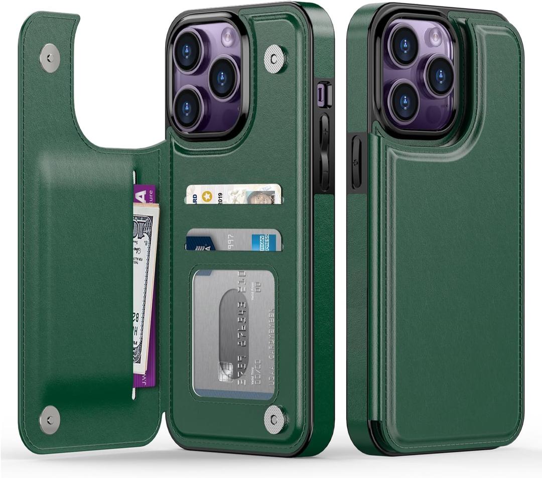 Goodon for iPhone 13 Pro Case Wallet - Flip Folio Leather Cover with Trendy Design, 3 Card Slots & Kickstand Function, Stylish Protective Phone Case for Women and Girls - Dark Green