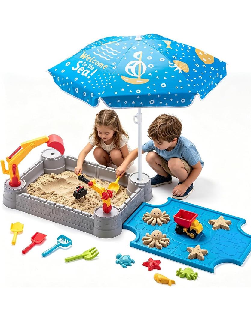Excavator Sandbox for Kids with Lid and Umbrella, Working Digger, Dump Truck and 8 Sand Toys, Outdoor Construction Playset for Backyard and Beach, Ages 3+