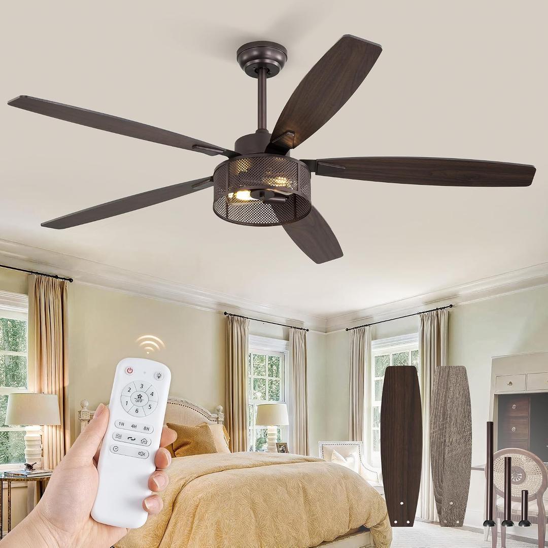 Farmhouse Ceiling Fans with Lights and Remote, 60 Inch Industrial Caged