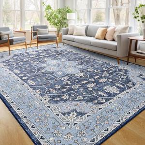FlyDOIT Vintage Washable Area Rug, 6x9' Navy Floral Medallion Rugs for Living Room, Ultra Soft Accent Bedroom Rug, Indoor Non-Slip Low-Pile Throw Carpet for Entryway Dorm Kitchen Dining Room Decor