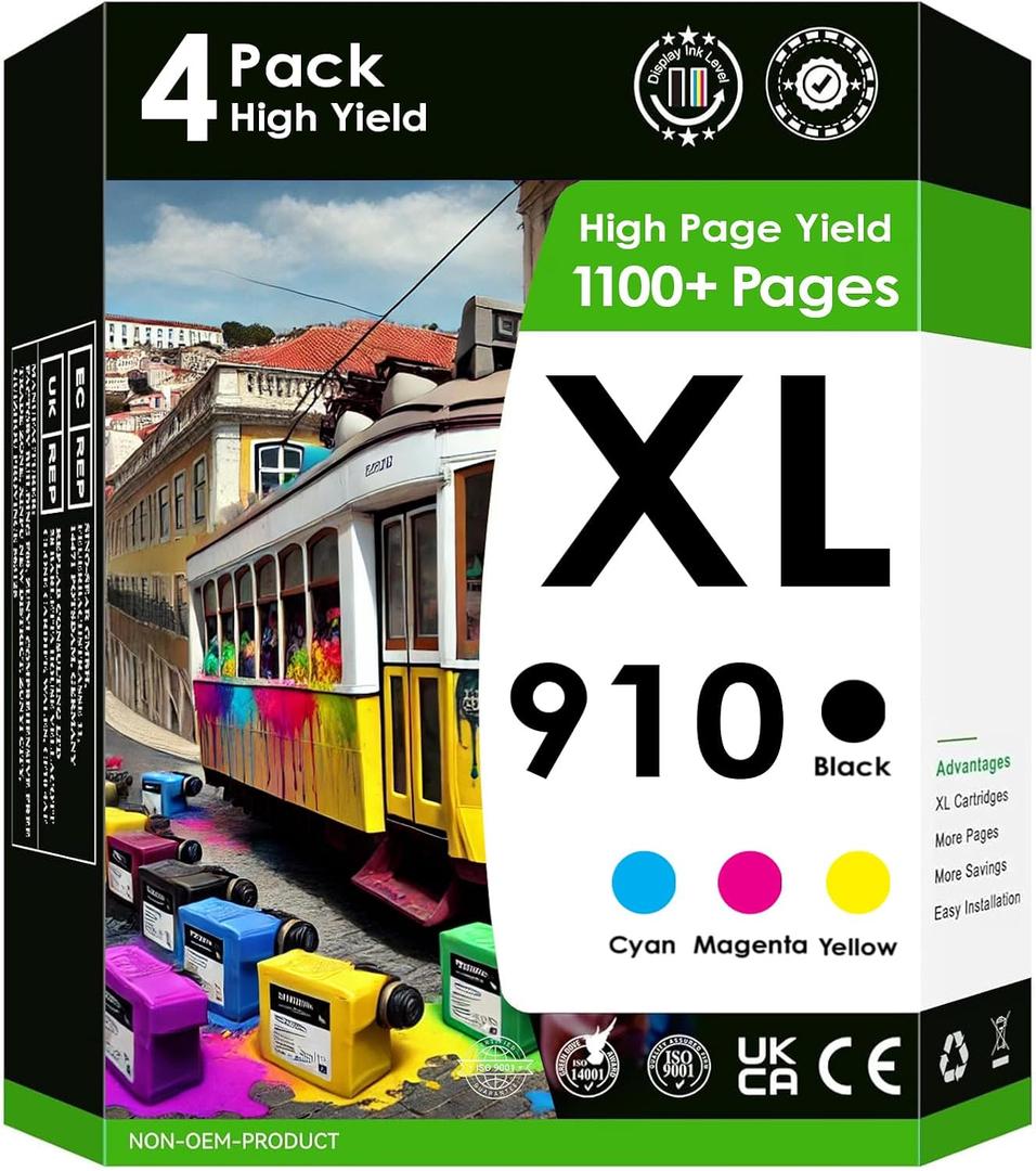 910XL Black and 910 (Cyan, Magenta, Yellow) 4 cartridges Works with Officejet Pro 8100/8600/251/276.