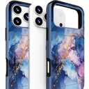 Compatible with iPhone 17 Pro Case with Card Holder Cute Shockproof Drop Protection Phone Wallet Slot Cover Cases for Women - Blue Purple Marble Stone
