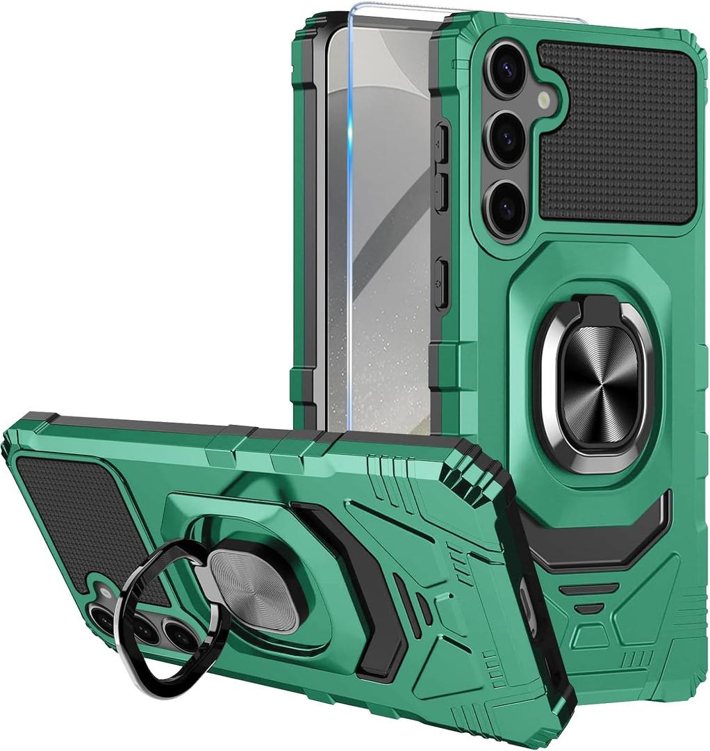 Armor Case for Samsung Galaxy S24 Military Grade Shockproof Phone Case with Built-in Screen Protector, Heavy Duty Protection Metall Ring Kickstand for Samsung S24 5G Cover (Green)