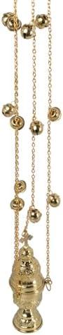 Needzo Hanging Brass Incense Burner with Bells, Gold Tone Swinging Censor, Catholic Church Supplies, 25 Inch Chains with 7" Body