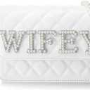 Eccliy Wifey Gift Mrs Bride White Leather Bag with Pearl Chain Clutch Evening Bag for Wedding Anniversary