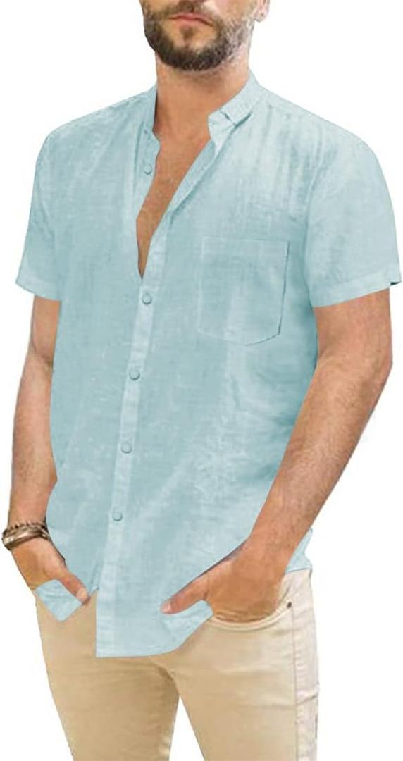 JEKAOYI Mens Casual Linen Button Down Short Sleeve Shirts Beach Summer Spread Collar Pocket Tops (L)