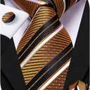 Hi-Tie Silk Ties for Men Plaid Paisley Striped Necktie Pocket Square Cufflinks Set Formal Business (Black)