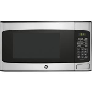 GE Compact Countertop Microwave Oven, 1.1 Cubic Ft., 950w Capacity, 6 Auto Cook Settings, Child-Lock Technology, Dorm Room, Apartment, Stainless Steel