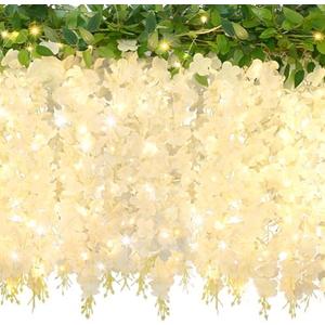 48 Branches Wisteria Hanging Flowers with 32.8 Ft Lights, White Fake Hanging Flowers Fake Flowers for Wedding Arch Party Garden Home Backdrop Decor
