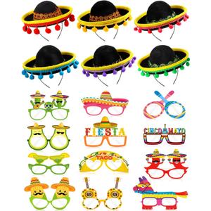Janinka 18 Pcs Fiesta Mexican Sombrero Hats colorful Headbands Paper Mexican Eyeglasses Cinco De Mayo for Celebrations