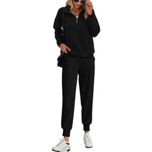 PRETTYGARDEN Long Sleeve Half Zip Sweatsuits Women 2 Piece Outfit Fall 2025 Casual Sweatshirt Sweatpants Lounge Set Tracksuit (Large, Black)