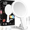 Travel Makeup Mirror with Lights, Lightened 10X/1X Double Sided Magnifying Mirror with 3 Colors, Brightness Adjustable Portable LED Mirror Gifts for Her Women Girls (White)