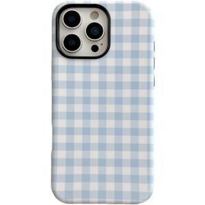 Blue Gingham Phone Case for iPhone 15 Pro 6.1in,Retro Cute Aesthetic Striped Checkered Trendy Chic Picnic Plaid Hybrid 2 Layers Hard Protective Cover for Girls Women