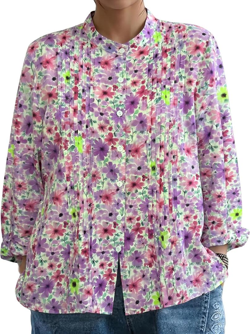 Womens Long Sleeve Button Down Up Shirt Floral Boho Early Fall Clothes Pleated Green Leaves Crewneck Top Work Blouses (Purple)