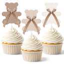 2 x AceOrbit 36 Pcs Gingham Bear Cupcake Toppers with Bows Bears Baby Shower Decorations Cake Cupcake Topper Decoration for Bear Theme Girls Birthday Baby Shower Gender Reveal Party Supplies