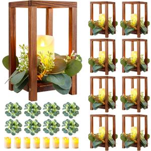 8 Set/24 Pcs Wooden Wedding Lantern Centerpiece Include 8 Wooden Lantern Candle Holder 8 Flameless LED Candle 8 Eucalyptus Leaves Wreath for Centerpieces Wedding Table Party Farmhouse Decor
