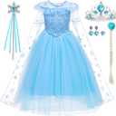 iTVTi Elsa Costume for Girls Toddler Elsa Dress Princess Halloween Birthday Outfit Blue Party Dress up with Accessories (6-7 Years)