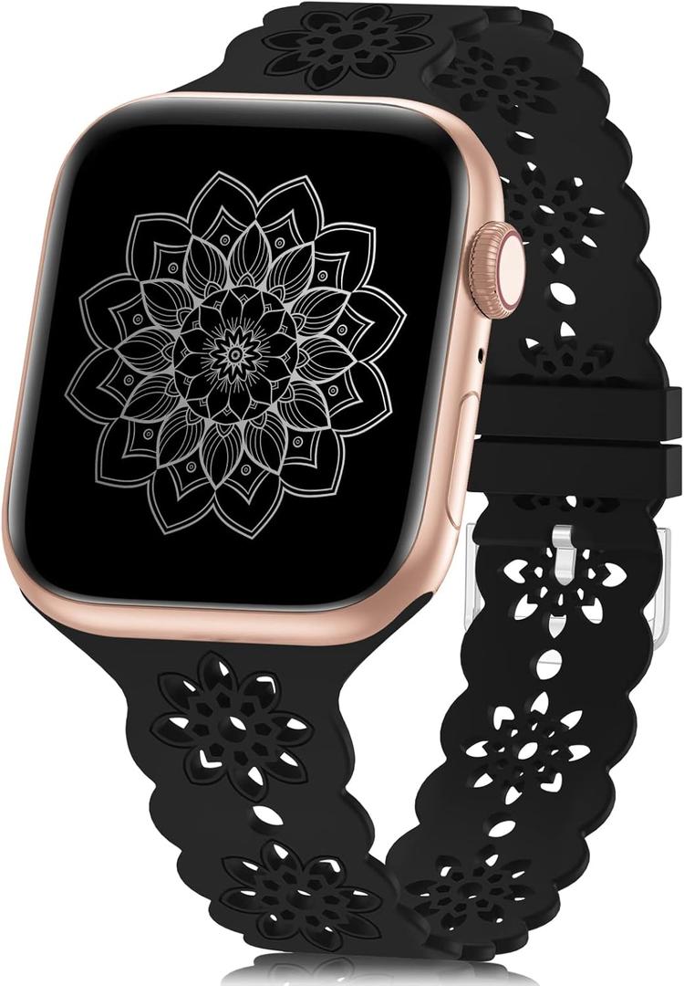 Floral Silicone Band Compatible with Apple Watch Bands 44mm/45mm/46mm/49mm/42mm(Series 3 2 1) Women Men, Design Wristbands Soft Breathable Watch Bands for iWatch (Black)