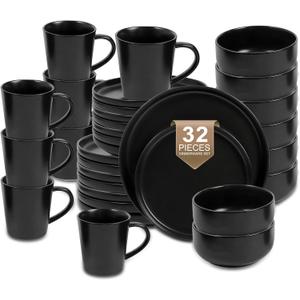 EWFEN Plates and Bowls Sets, 32 Pieces Ceramic Dinnerware Set for 8, Stoneware Dishware Dishes Set, Scratch Resistant Dishes Set, Dishwasher & Microwave Safe, Black