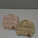 Soul Young Women's Ponytail Messy Bun Beanie Tail Hole Soft Stretch Cable Knit Hat, 2 Pcs, Pink and Shades Khaki