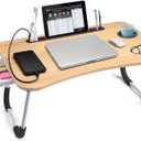 Slendor Lap Desk with Tablet Slot, Foldable Laptop Table with Storage Drawer for BedPortable Bed Desk for Laptop, Computer Tray with Cup Holder Notebook Stand Reading Holder for Couch Floor, Walnut