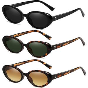 Retro Oval Sunglasses for Women Men Fashion Small Oval Sunglasses 90s Vintage Shades (3 Pack (Black/Grey+ G15+ Brown Gradient))