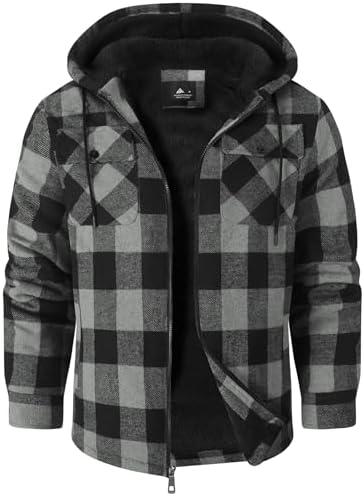 ZITY Men's Flannel Hooded Jacket Fleece Sherpa Lined Plaid Shirts Jackets Zip Up Sweatshirt Hoodies for Men with 4 Pockets, Large