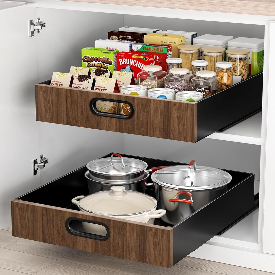 POKIPO 1 Pack Pull Out Drawer for Cabinet 14"W x 21"Deep, Metal Slide Out Drawers Fixed with Adhesive Nano Film, Roll Out Shelf Sliding Cabinet for Pots, Bathroom, Pantry, Under Sink, Black (1Pc)