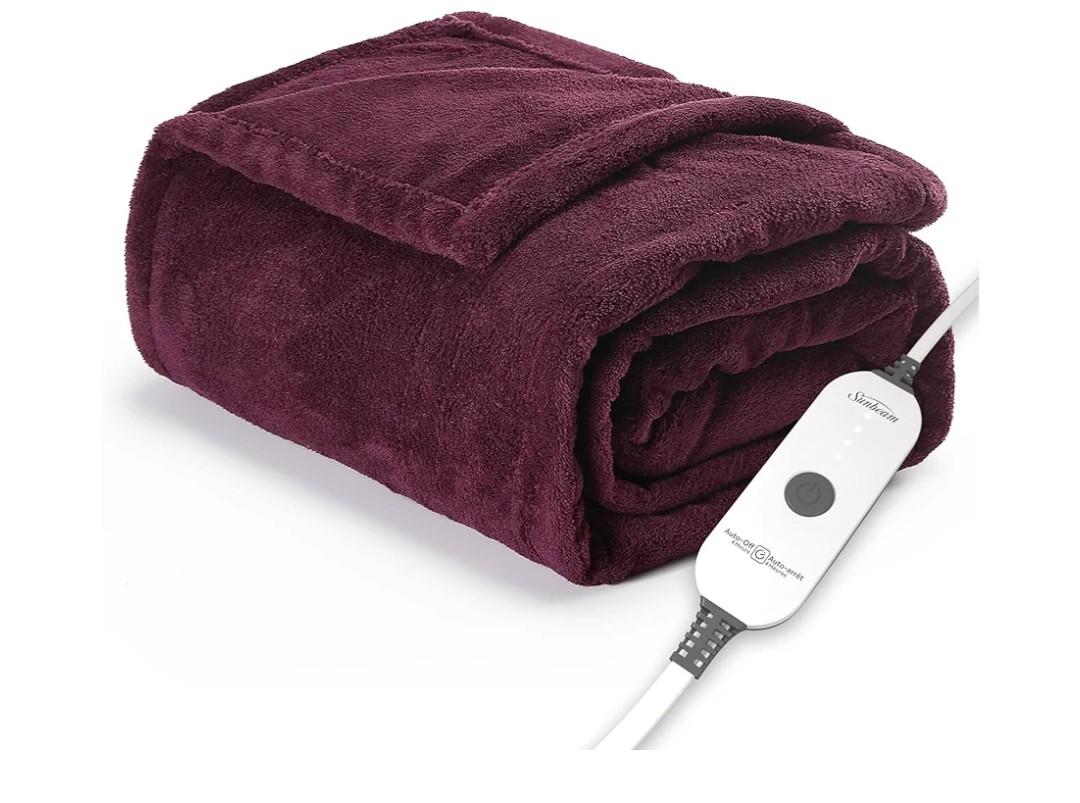 Sunbeam Electric Throw Royal Luxe Microplush Heated Blanket, 4 Heat Settings, 4-Hour Auto Shut-Off, Fast Heating, Warm and Cozy, Cabernet Red Color, 50" x 70"