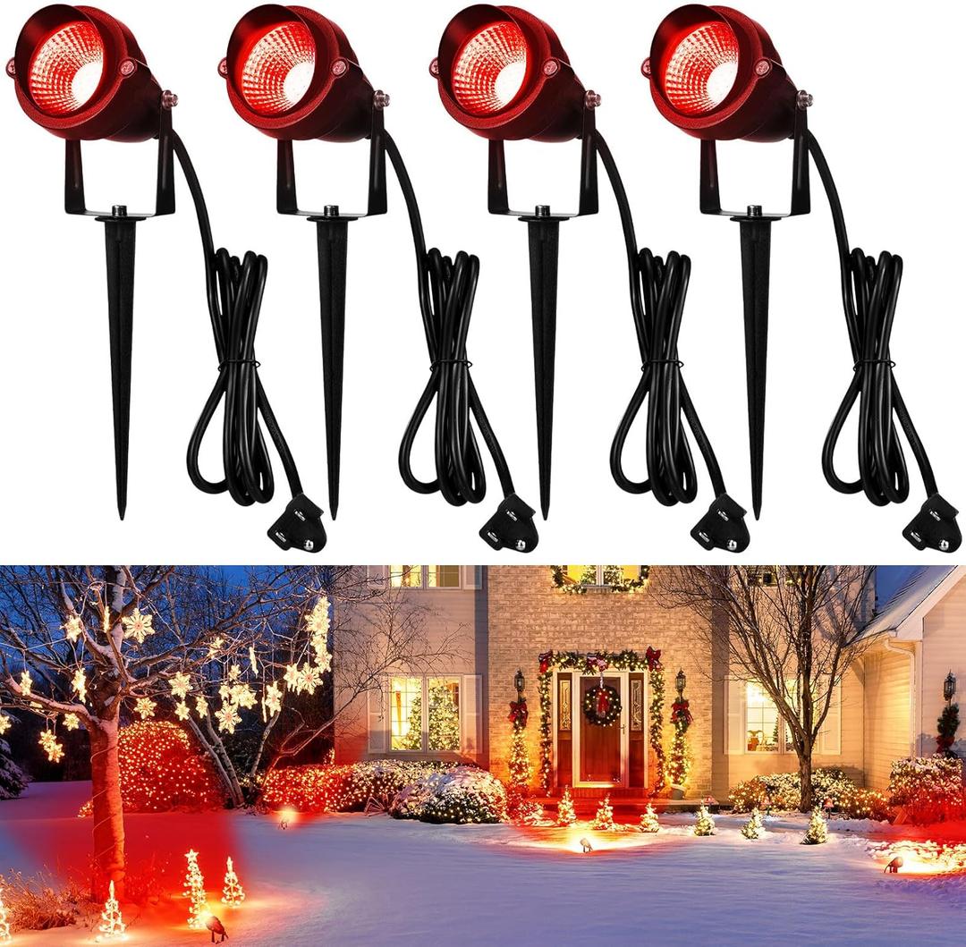Rossesay 4 Pcs Christmas Red Spotlight Outdoor Plug in Landscape Lighting 12w Ip66 Waterproof LED Lights with Spiked Stand 270 Adjustable Outdoor Spot Lights for Yard Lawn Garden Tree Flags Holiday
