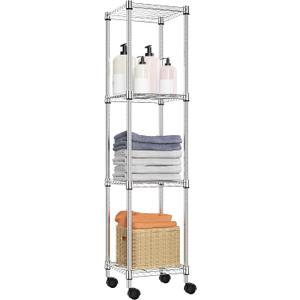 Storage Shelves Adjustable, 4 Tier Shelving Units for Storage with Wheels, Corrosion Resistant Wire Shelving Unit for Kitchen Closet Bathroom Office, Chrome 11.8" D x 11.8" W x 48.1" H