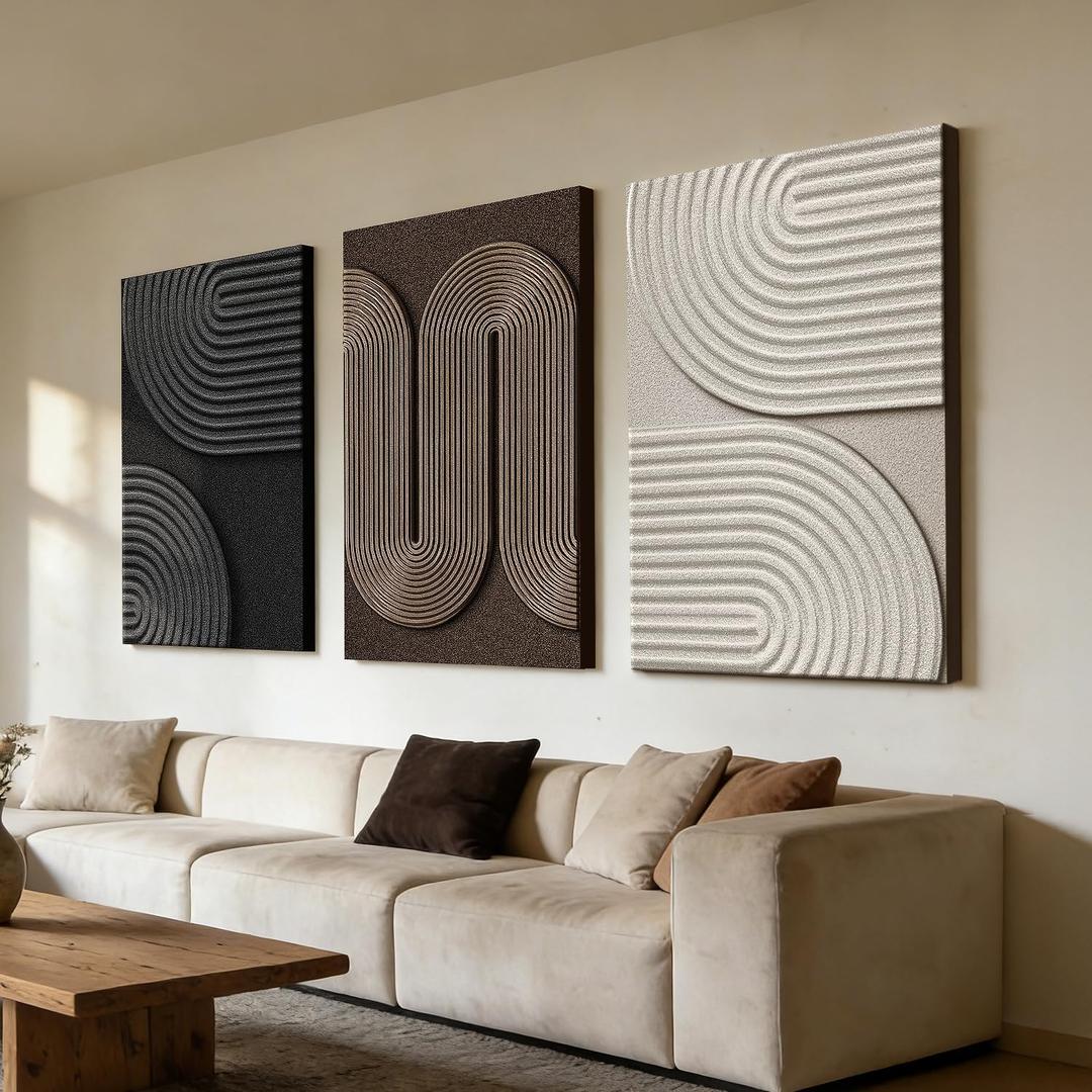 Azartslr 3D Abstract Textured Wall Art, Modern Black Beige Sandstone Wall Decor For Living Room, Brown Minimalism 3piece Home Bedroom Art Painting, Minimalist Artwork Dining Room Pictures Decoration