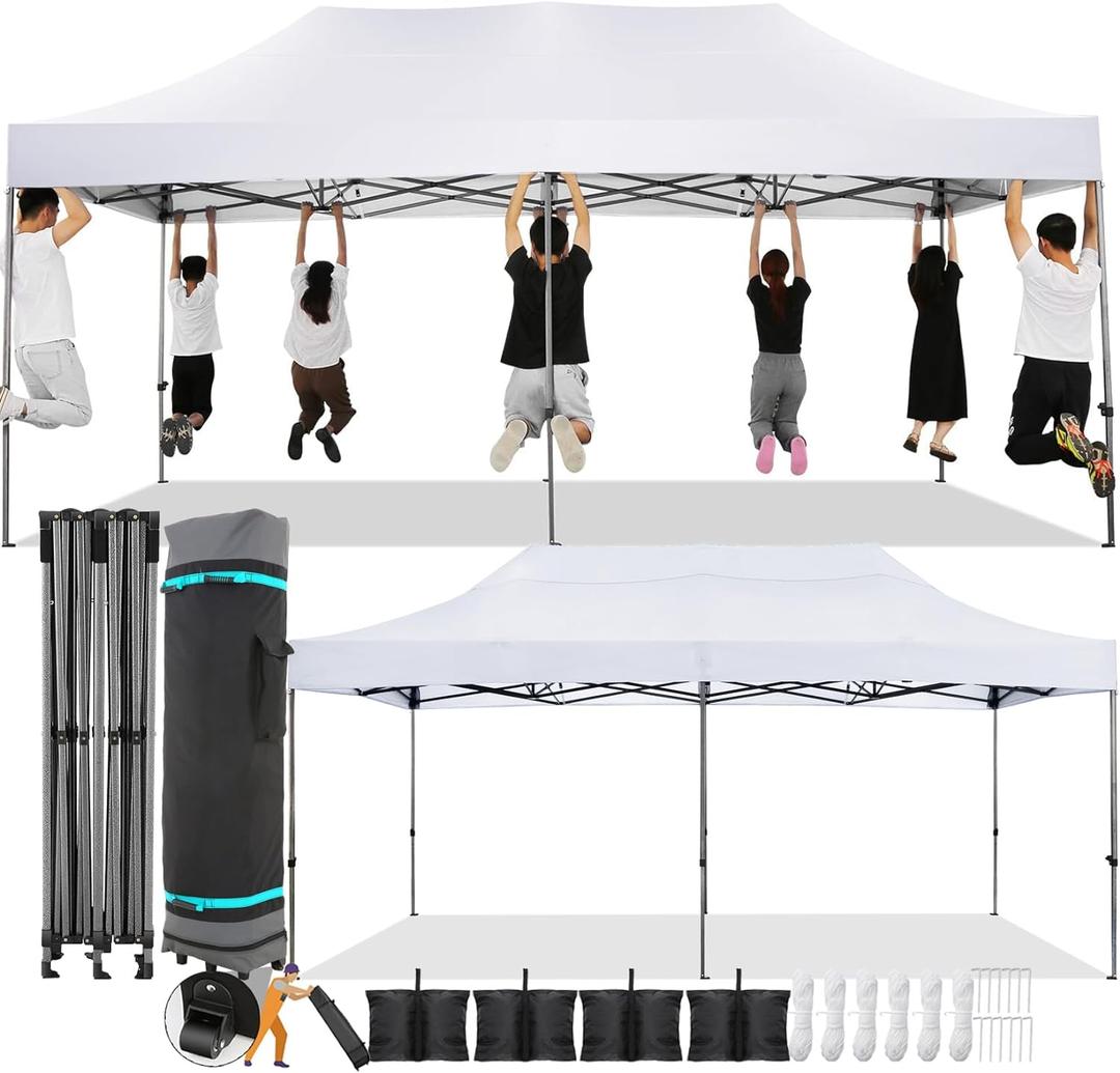 COBIZI 10x20 Pop Up Canopy Without Sidewall,Heavy Duty Canopy UPF 50+ All Season Wind Waterproof Commercial Outdoor Wedding Party Tents for Parties Canopy Gazebo with Roller Bag(10 x 20 ft White)