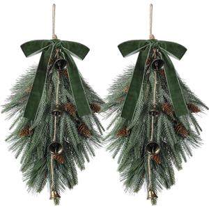Shihanee 2 Pcs 24" Christmas Teardrop Swag Rustic Door Swag Teardrop Wreath Artificial Norfolk Pine Hanging Garland Greenery with Bell Velvet Bow for Outdoor Mantle Fireplace (Green,23.6 Inch)